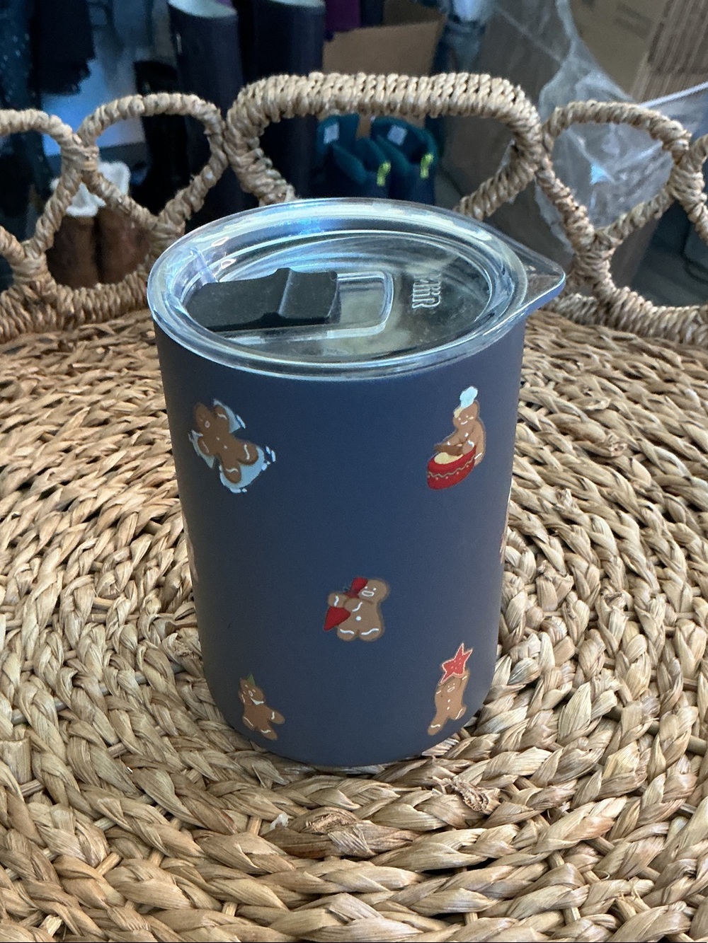 Starbucks Navy Blue Tumbler with Gingerbread Character Accents